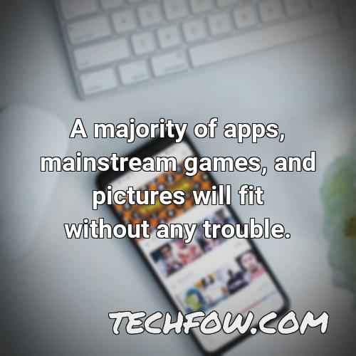 a majority of apps mainstream games and pictures will fit without any trouble
