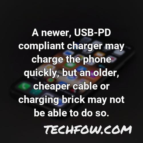 a newer usb pd compliant charger may charge the phone quickly but an older cheaper cable or charging brick may not be able to do so