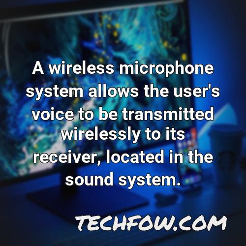 a wireless microphone system allows the user s voice to be transmitted wirelessly to its receiver located in the sound system