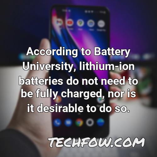 according to battery university lithium ion batteries do not need to be fully charged nor is it desirable to do so
