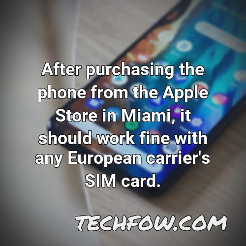 after purchasing the phone from the apple store in miami it should work fine with any european carrier s sim card