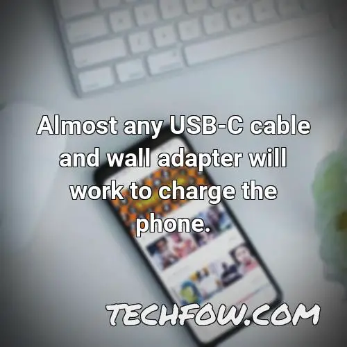 almost any usb c cable and wall adapter will work to charge the phone