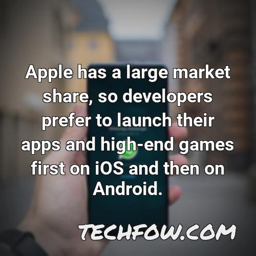 apple has a large market share so developers prefer to launch their apps and high end games first on ios and then on android