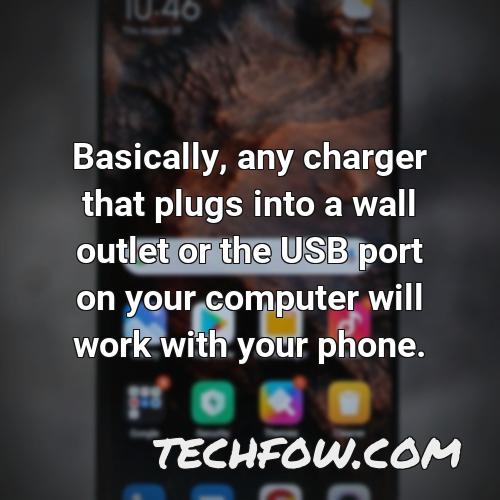 basically any charger that plugs into a wall outlet or the usb port on your computer will work with your phone