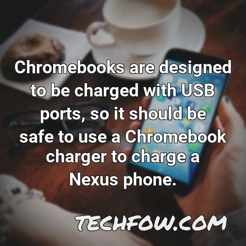 chromebooks are designed to be charged with usb ports so it should be safe to use a chromebook charger to charge a nexus phone
