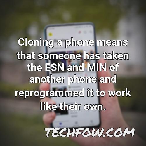 cloning a phone means that someone has taken the esn and min of another phone and reprogrammed it to work like their own