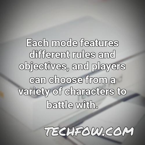 each mode features different rules and objectives and players can choose from a variety of characters to battle with