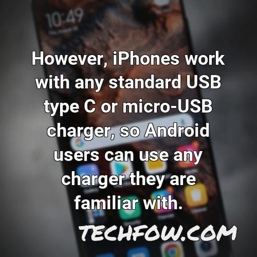 however iphones work with any standard usb type c or micro usb charger so android users can use any charger they are familiar with