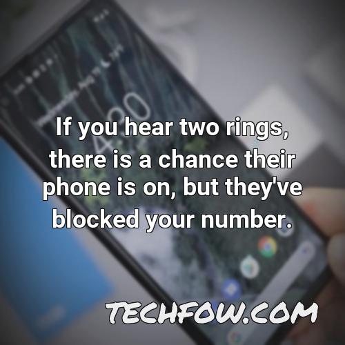 if you hear two rings there is a chance their phone is on but they ve blocked your number