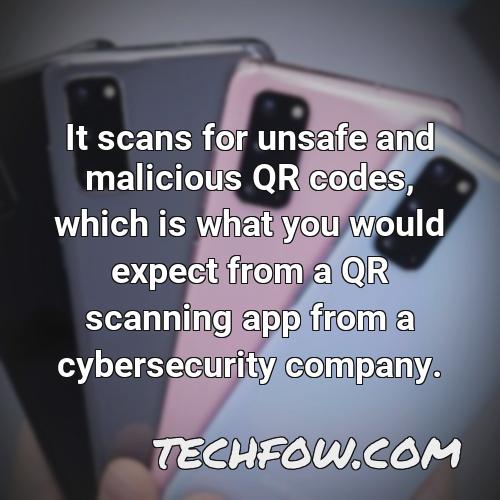 it scans for unsafe and malicious qr codes which is what you would expect from a qr scanning app from a cybersecurity company