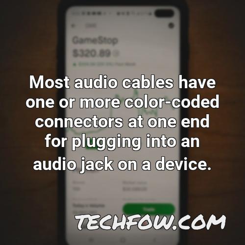 most audio cables have one or more color coded connectors at one end for plugging into an audio jack on a device