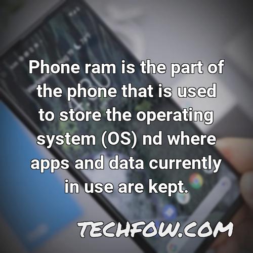 phone ram is the part of the phone that is used to store the operating system os nd where apps and data currently in use are kept