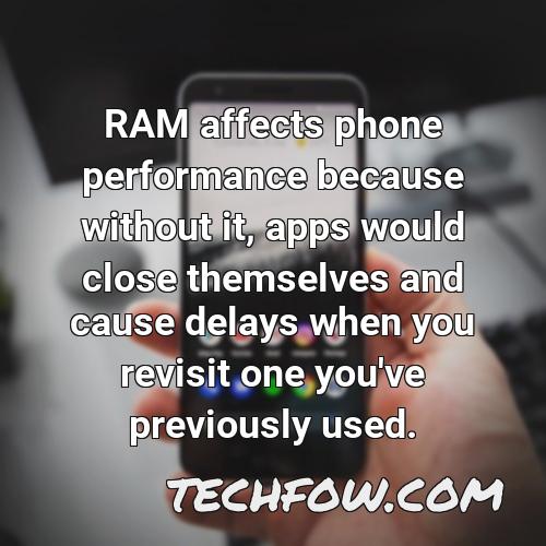 ram affects phone performance because without it apps would close themselves and cause delays when you revisit one you ve previously used