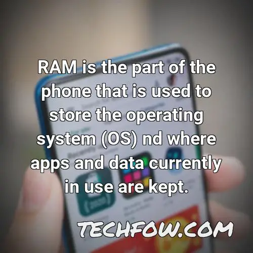 ram is the part of the phone that is used to store the operating system os nd where apps and data currently in use are kept 2