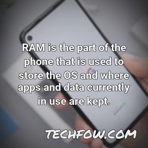 ram is the part of the phone that is used to store the os and where apps and data currently in use are kept