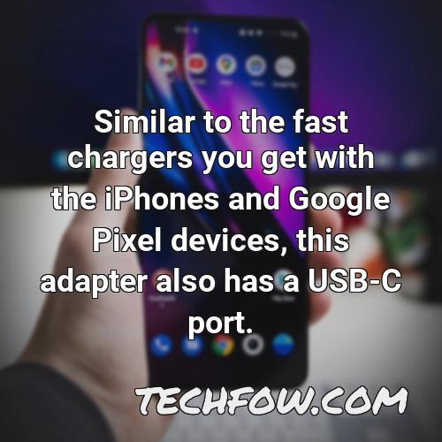 similar to the fast chargers you get with the iphones and google pixel devices this adapter also has a usb c port