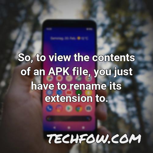 so to view the contents of an apk file you just have to rename its extension to
