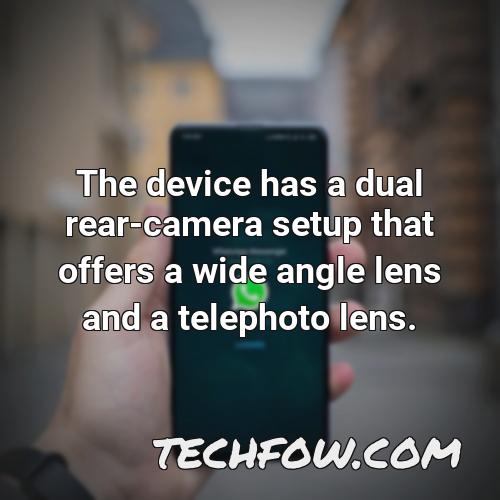 the device has a dual rear camera setup that offers a wide angle lens and a telephoto lens