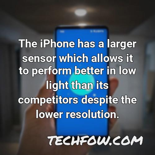 the iphone has a larger sensor which allows it to perform better in low light than its competitors despite the lower resolution