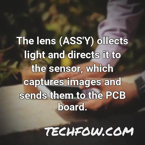 the lens ass y ollects light and directs it to the sensor which captures images and sends them to the pcb board