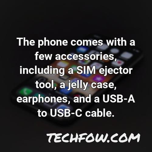the phone comes with a few accessories including a sim ejector tool a jelly case earphones and a usb a to usb c cable