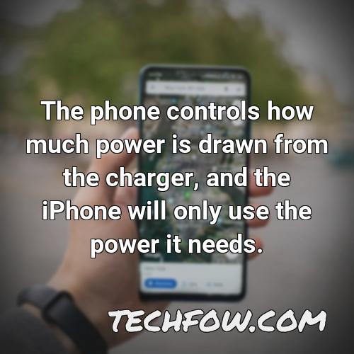 the phone controls how much power is drawn from the charger and the iphone will only use the power it needs