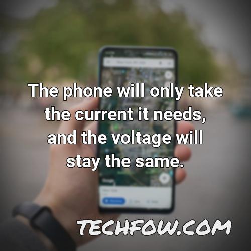 the phone will only take the current it needs and the voltage will stay the same
