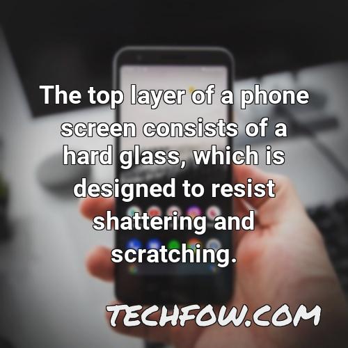 the top layer of a phone screen consists of a hard glass which is designed to resist shattering and scratching