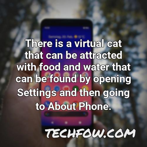there is a virtual cat that can be attracted with food and water that can be found by opening settings and then going to about phone