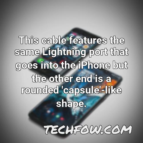 this cable features the same lightning port that goes into the iphone but the other end is a rounded capsule like shape 1