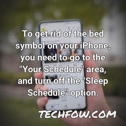 to get rid of the bed symbol on your iphone you need to go to the your schedule area and turn off the sleep schedule option