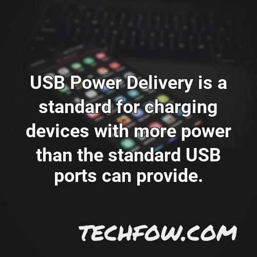 usb power delivery is a standard for charging devices with more power than the standard usb ports can provide
