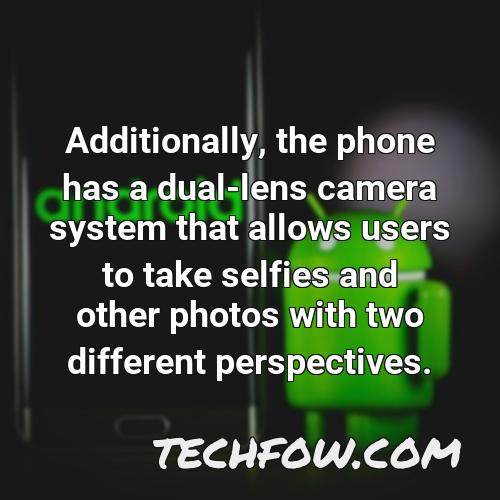 additionally the phone has a dual lens camera system that allows users to take selfies and other photos with two different perspectives