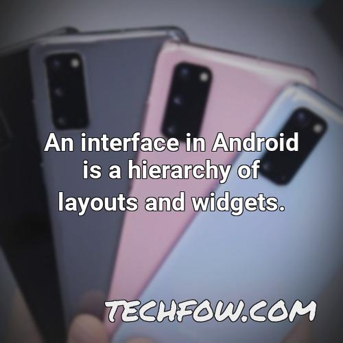 an interface in android is a hierarchy of layouts and widgets