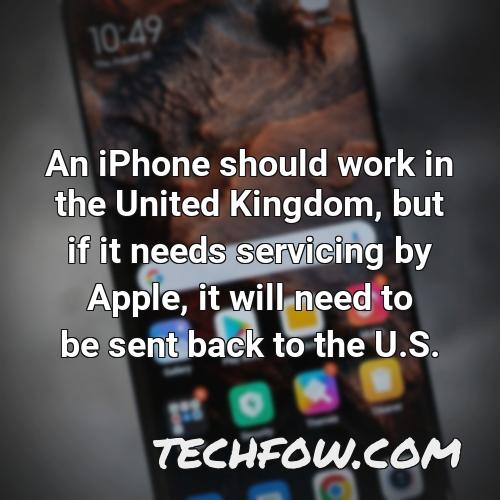 an iphone should work in the united kingdom but if it needs servicing by apple it will need to be sent back to the u s