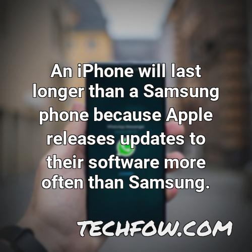 an iphone will last longer than a samsung phone because apple releases updates to their software more often than samsung