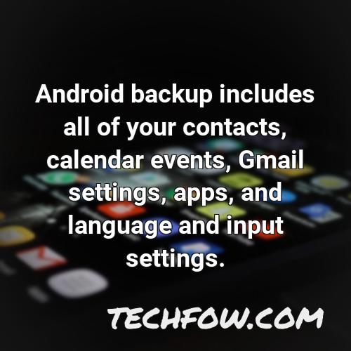 android backup includes all of your contacts calendar events gmail settings apps and language and input settings