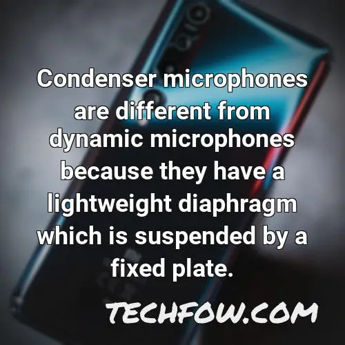 condenser microphones are different from dynamic microphones because they have a lightweight diaphragm which is suspended by a fixed plate