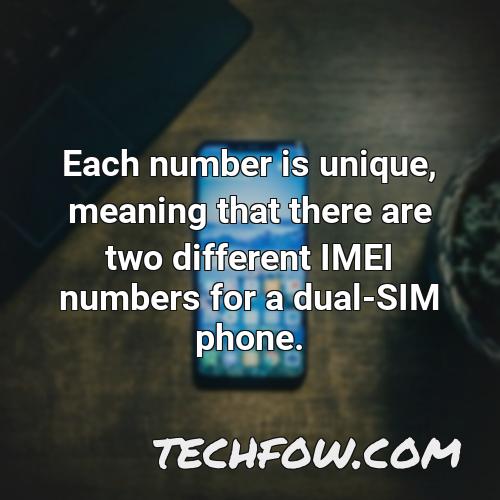 each number is unique meaning that there are two different imei numbers for a dual sim phone