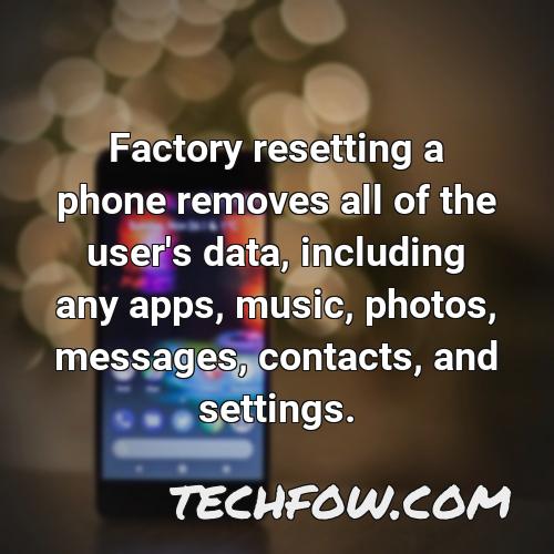 factory resetting a phone removes all of the user s data including any apps music photos messages contacts and settings
