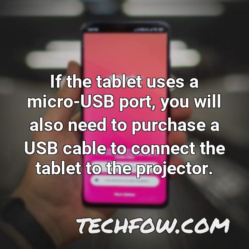 if the tablet uses a micro usb port you will also need to purchase a usb cable to connect the tablet to the projector