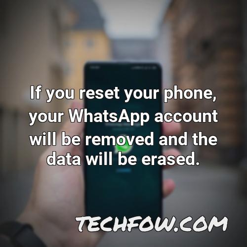 if you reset your phone your whatsapp account will be removed and the data will be erased