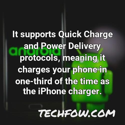 it supports quick charge and power delivery protocols meaning it charges your phone in one third of the time as the iphone charger