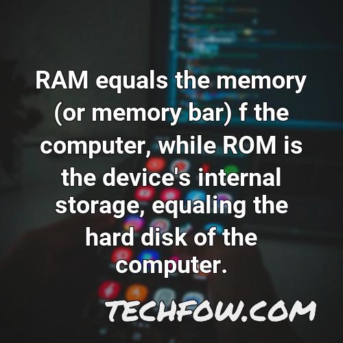ram equals the memory or memory bar f the computer while rom is the device s internal storage equaling the hard disk of the computer