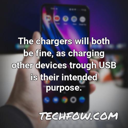 the chargers will both be fine as charging other devices trough usb is their intended purpose