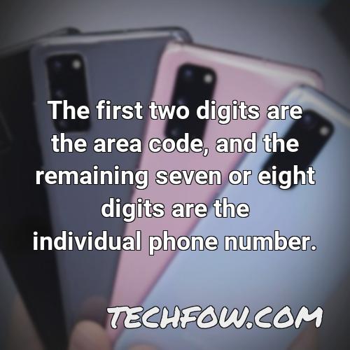 the first two digits are the area code and the remaining seven or eight digits are the individual phone number