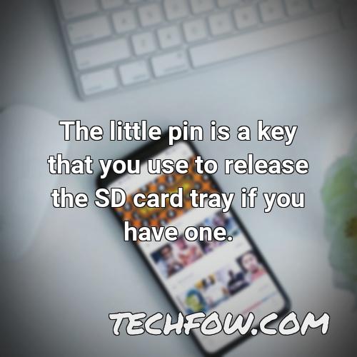 the little pin is a key that you use to release the sd card tray if you have one