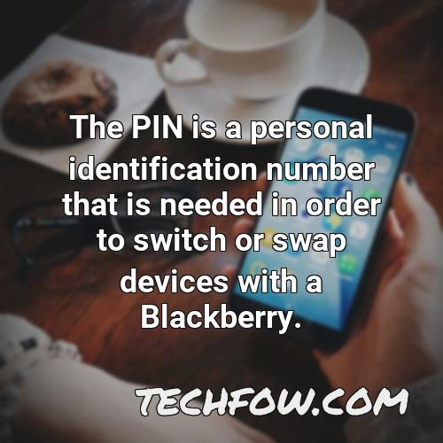 the pin is a personal identification number that is needed in order to switch or swap devices with a blackberry