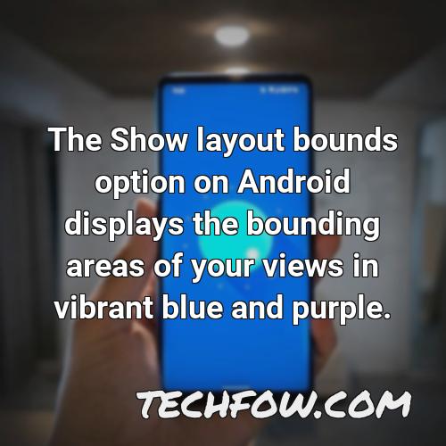 the show layout bounds option on android displays the bounding areas of your views in vibrant blue and purple