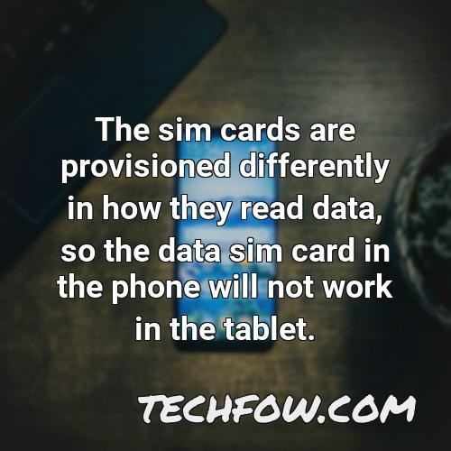 the sim cards are provisioned differently in how they read data so the data sim card in the phone will not work in the tablet